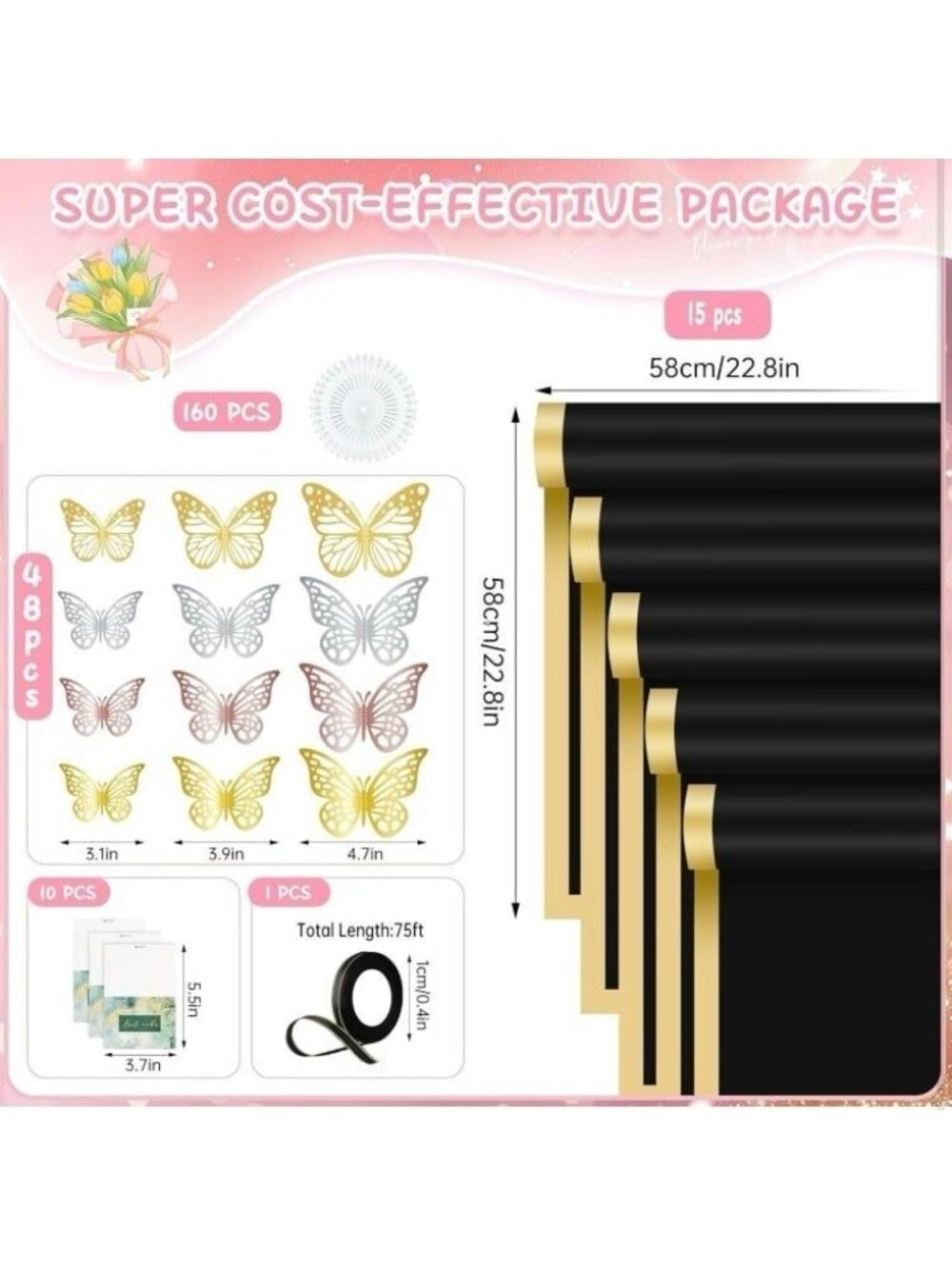 234Pcs Wrapping Paper for Flower Bouquets - black & gold waterproof